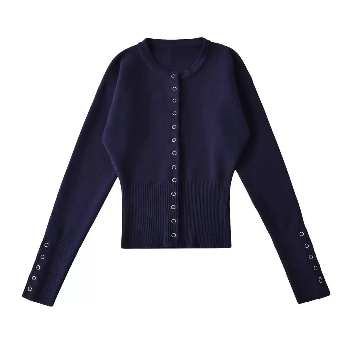 Long-Sleeve Knit Cardigan with Front Buttons and Fitted Waist