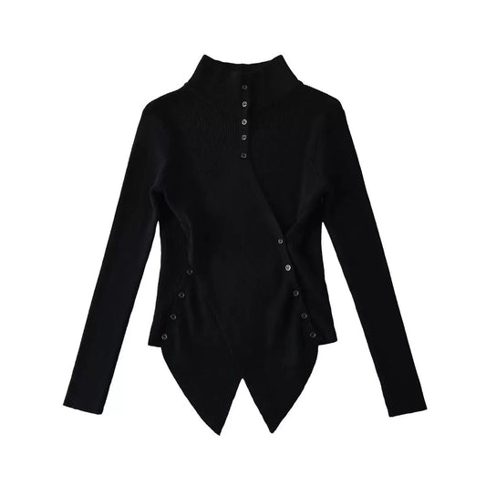 Asymmetrical Ribbed Button Top with Diagonal Hemline