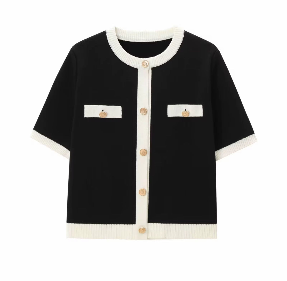 Short-Sleeve Knit Cardigan with Contrast Trim and Gold Buttons