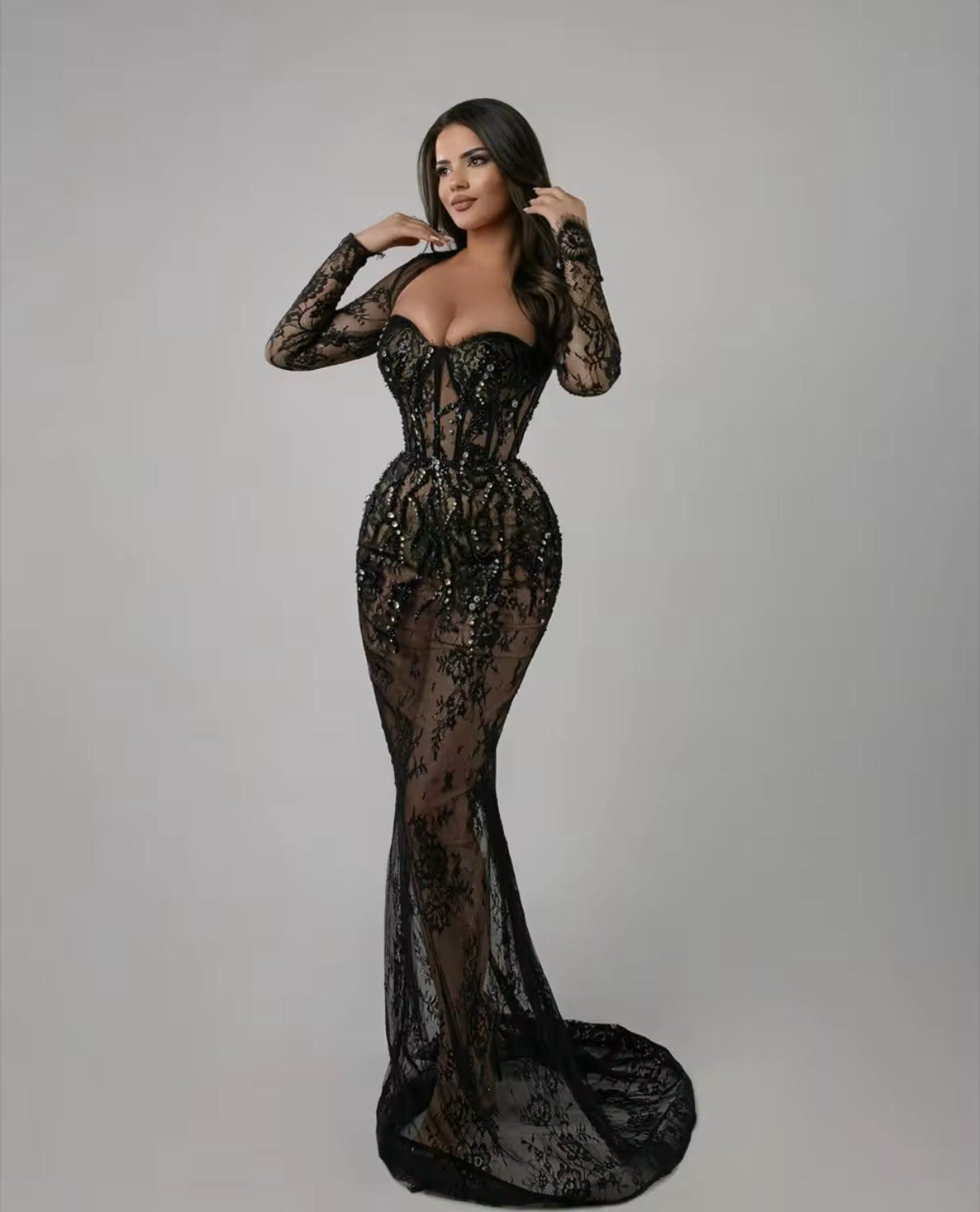 Black Illusion Dress with Beaded Corset and Lace Train