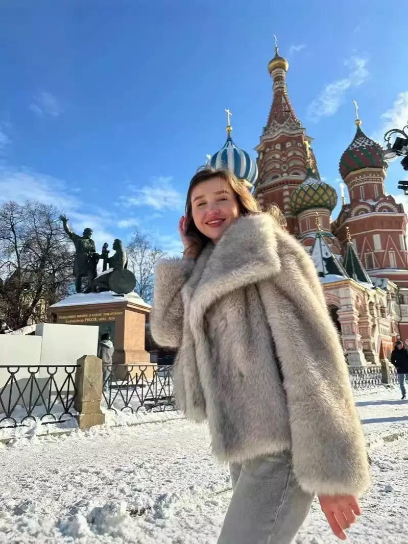 Short Faux Fur Coat with Wide Lapel Collar