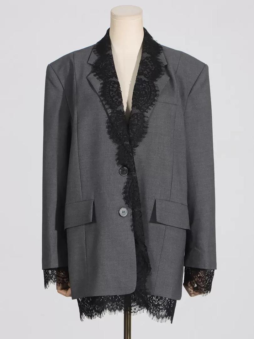 Midnight Lace Blazer Dress – Charcoal Chic Statement Piece