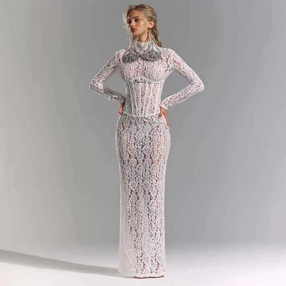 Serena Lace Maxi – Elegant High-Neck Sheer dress