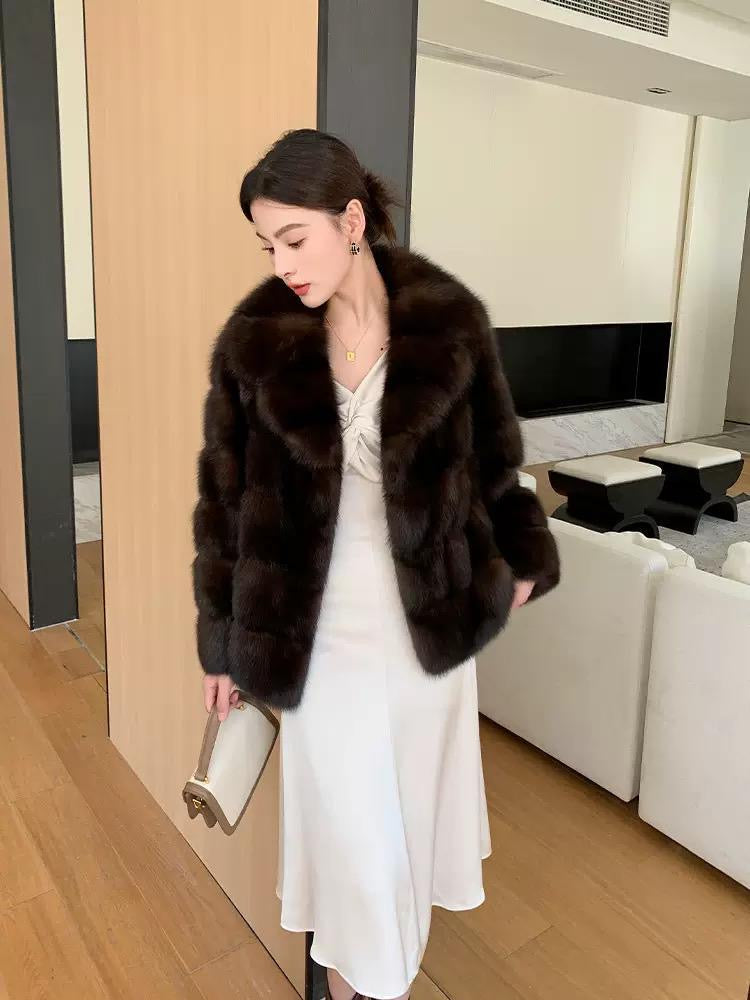 Chocolate Brown Faux Fur Coat with Oversized Collar