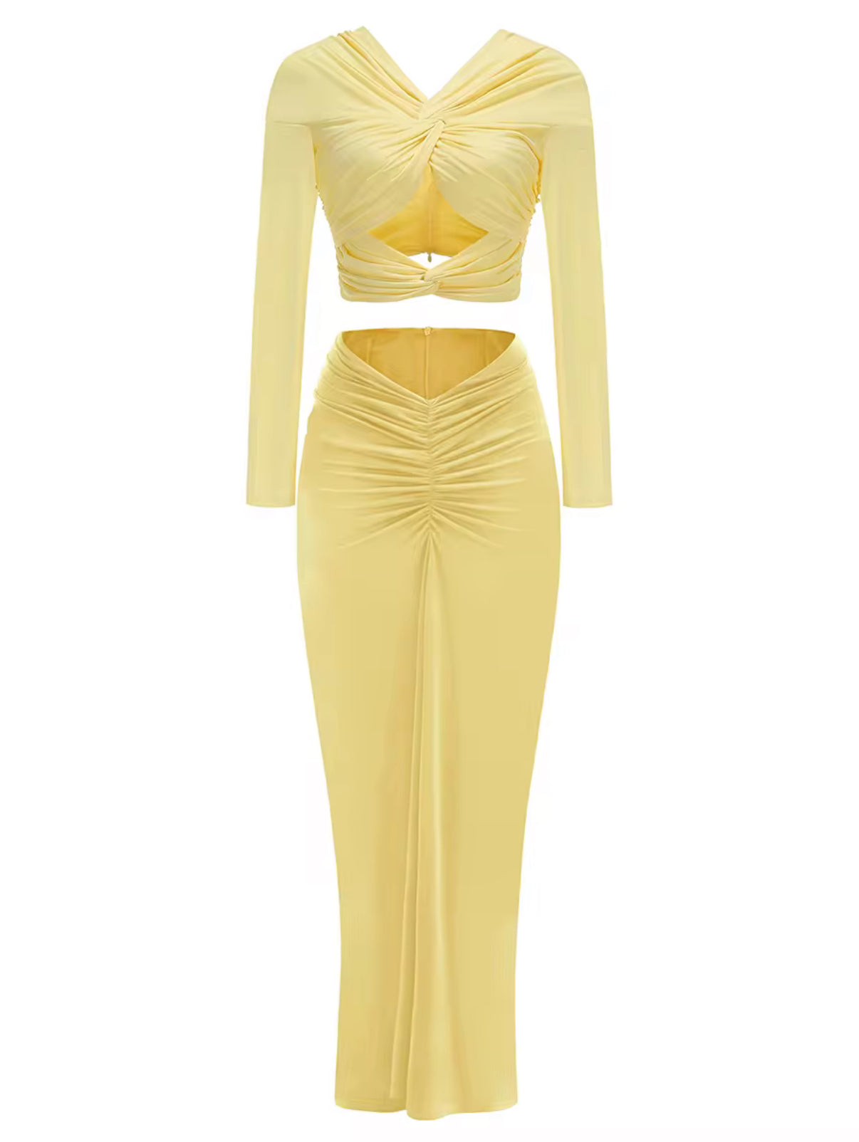 long sleeve maxi dress with twisted front & ruched detail