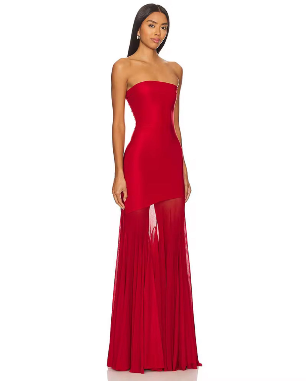 Yellow strapless evening dress with ombré sheer flowing hem