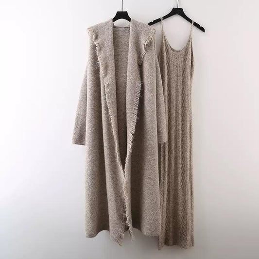 Fringe-Trim Knit Maxi Dress & Long Cardigan Set