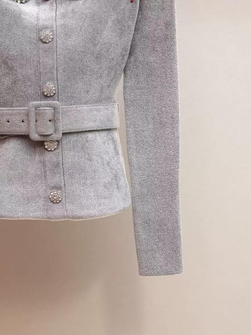 Embellished Velvet Belted Top with Crystal Detailing in Soft Silver