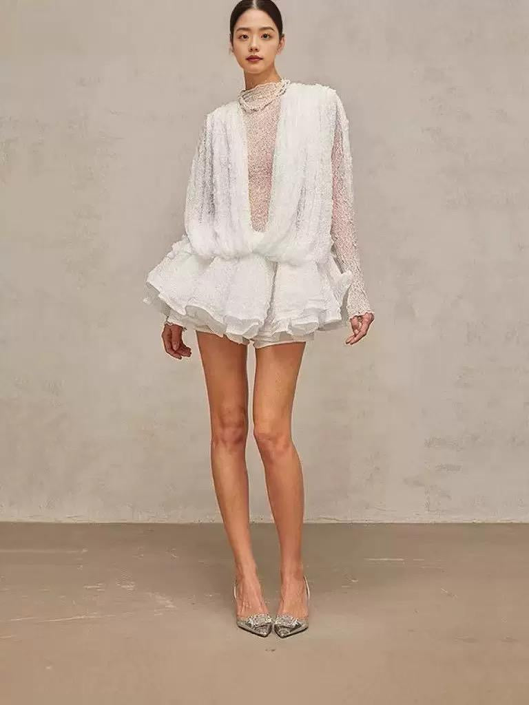 Sheer Long-Sleeve Mini Dress with Plunging Front and Draped Overlay