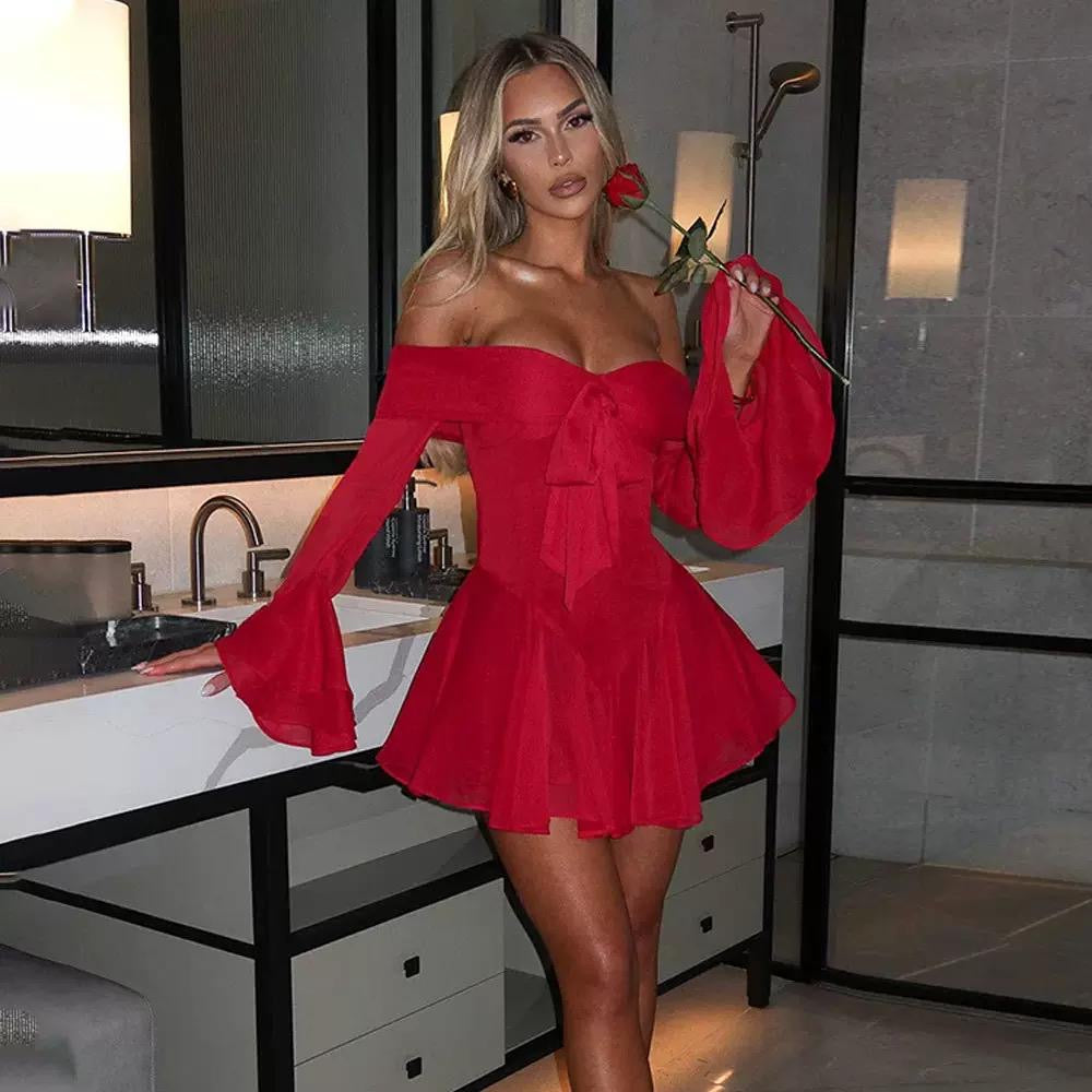Off-Shoulder Chiffon Bow Mini Dress with Flared Sleeves