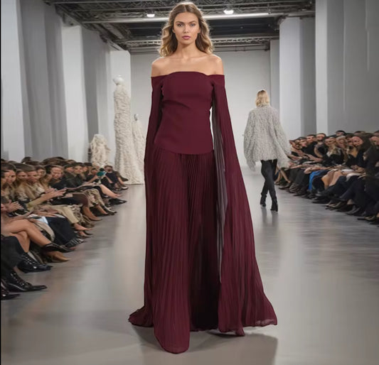 off-shoulder burgundy dress