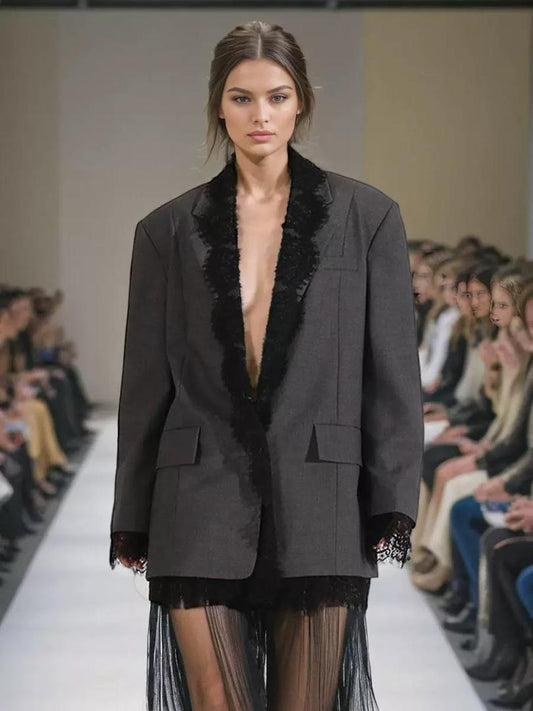 Midnight Lace Blazer Dress – Charcoal Chic Statement Piece