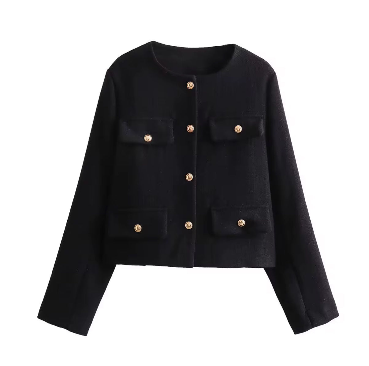 Cropped Tweed-Inspired Jacket with Gold Button Accents