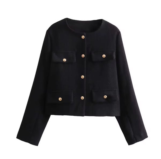 Cropped Tweed-Inspired Jacket with Gold Button Accents