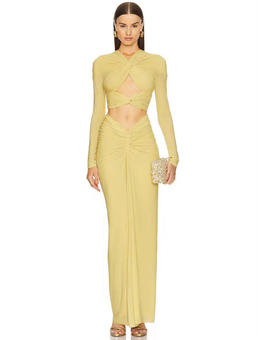 long sleeve maxi dress with twisted front & ruched detail