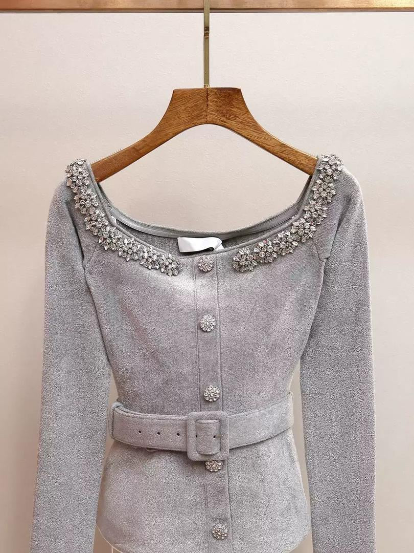 Embellished Velvet Belted Top with Crystal Detailing in Soft Silver