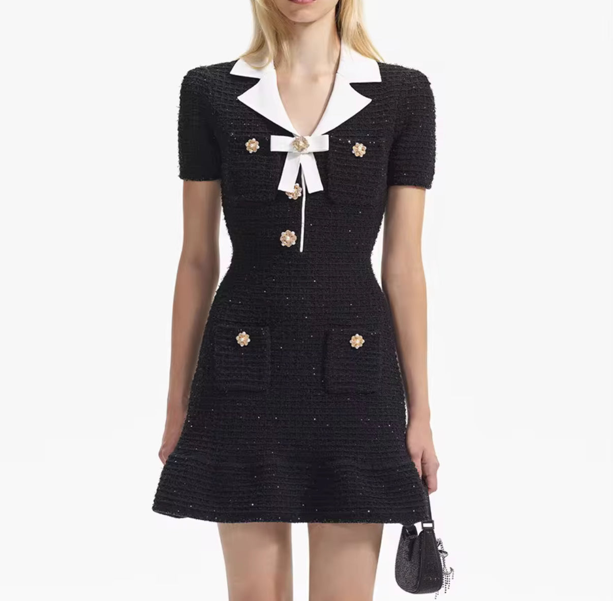 short-sleeve dress with white lapel & bow detail