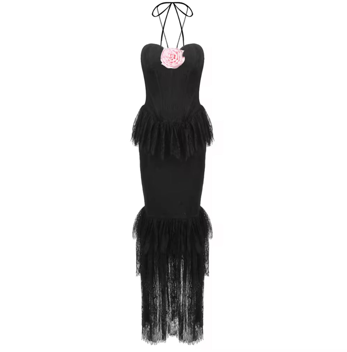 strapless corset gown with layered ruffle tiers