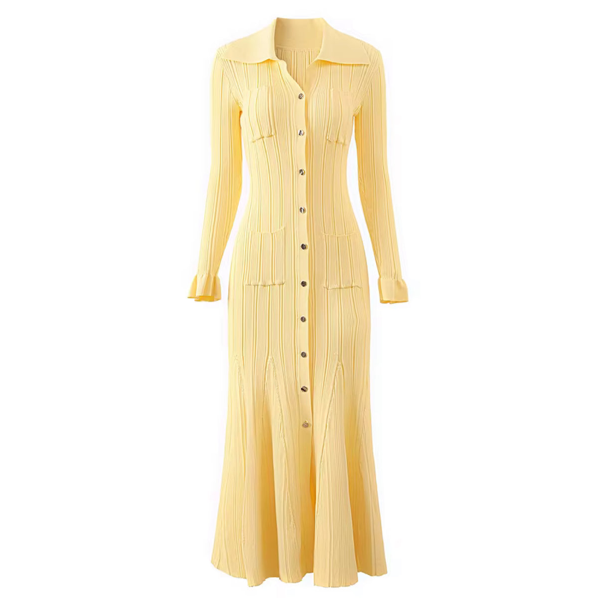 Collared Knit Maxi Dress with Pockets and Flared Hem