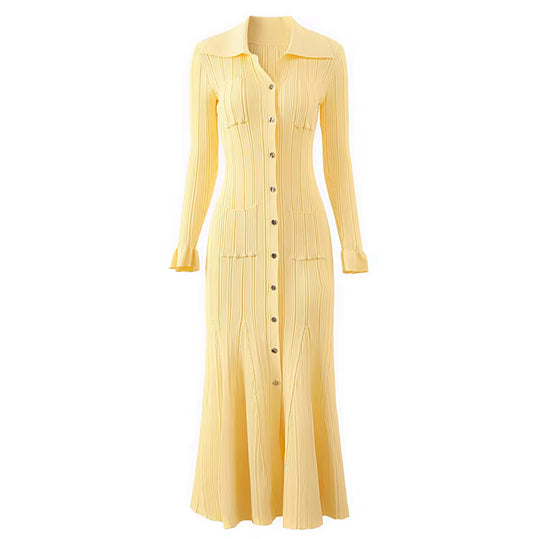 Collared Knit Maxi Dress with Pockets and Flared Hem