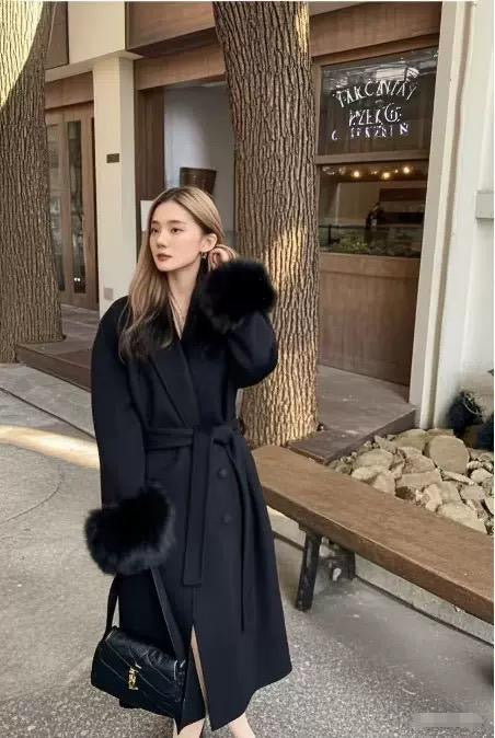 Wool Wrap Coat with Oversized Hood and Fur Cuff Accents