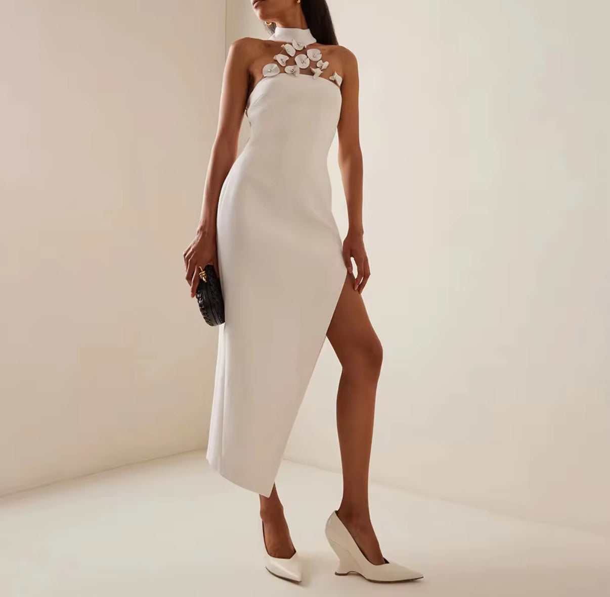 Asymmetric Dress with Side Slit and Floral Detail