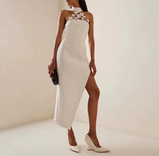 Asymmetric Dress with Side Slit and Floral Detail