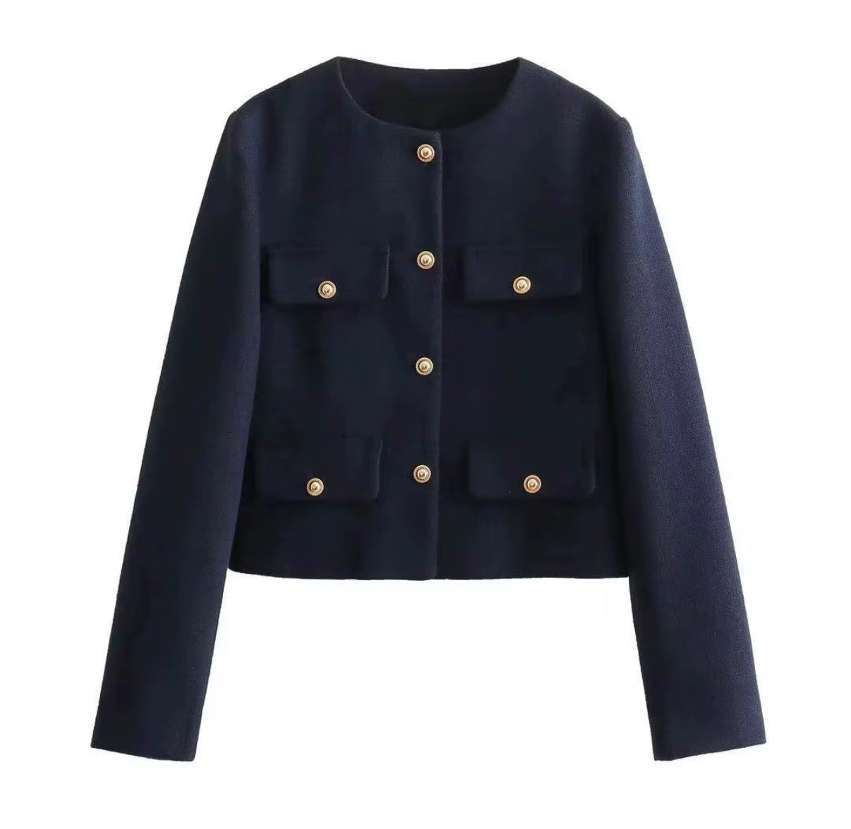 Cropped Tweed-Inspired Jacket with Gold Button Accents