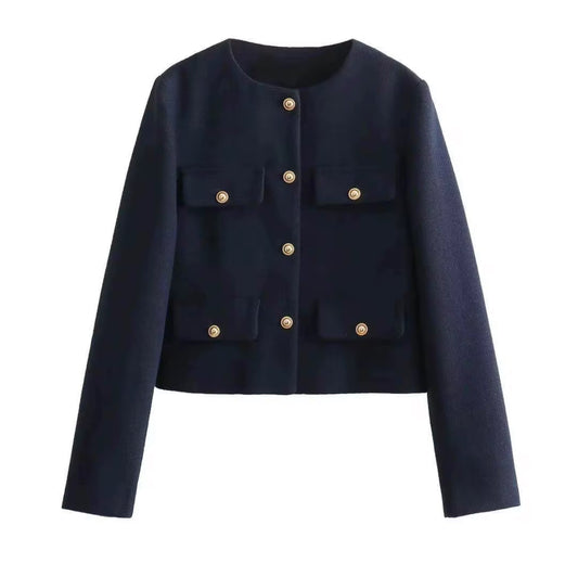 Cropped Tweed-Inspired Jacket with Gold Button Accents