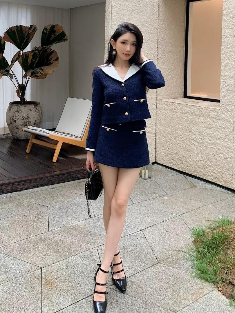 Navy Contrast Collar Tweed Skirt Set