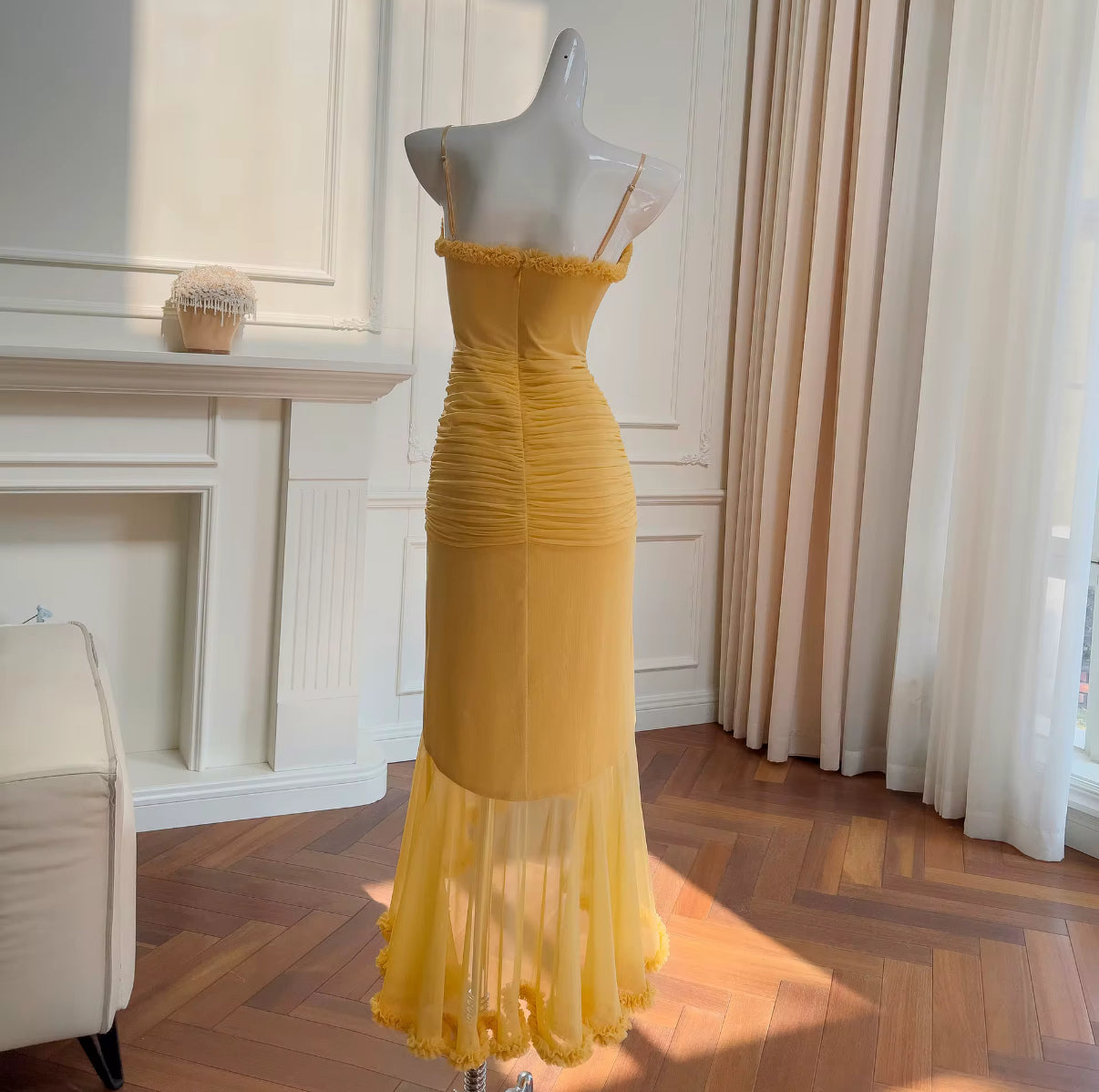 fitted mesh maxi dress with playful cascading ruffles