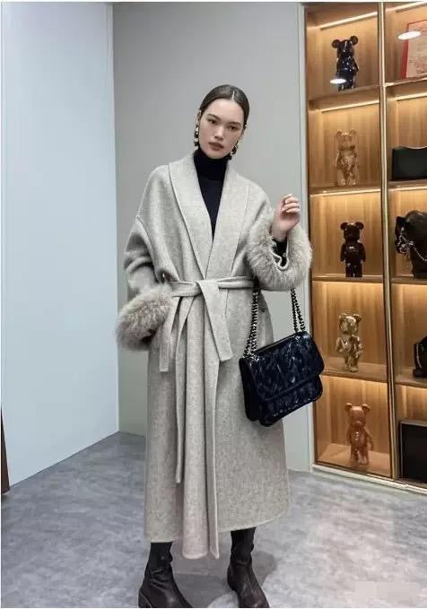 Wool Wrap Coat with Oversized Hood and Fur Cuff Accents