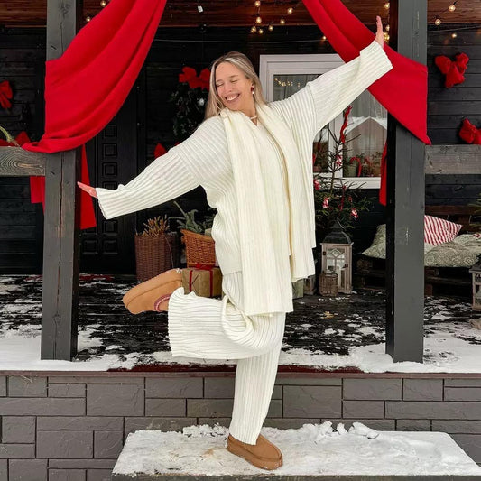 ribbed 3-piece set with top, wide-leg pants & cardigan