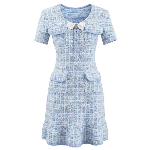 Elegant Blue Checkered Dress with Fitted Waist and Flared Hem