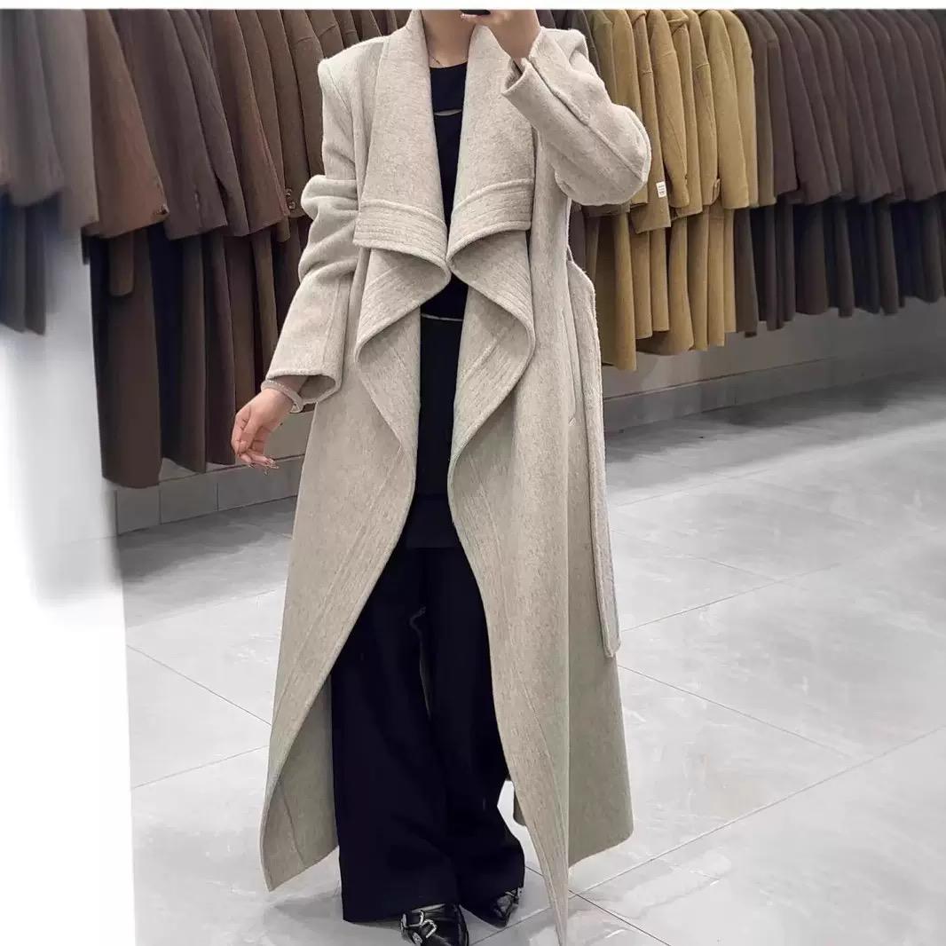 Long Wrap Wool Coat with Cascading Folded Collar