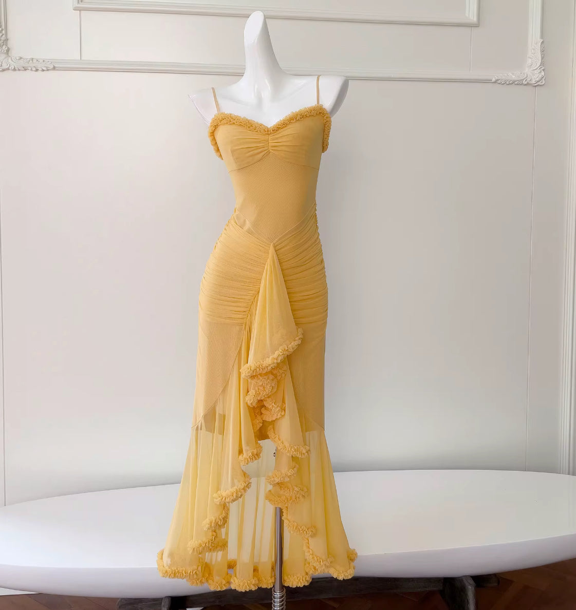 fitted mesh maxi dress with playful cascading ruffles