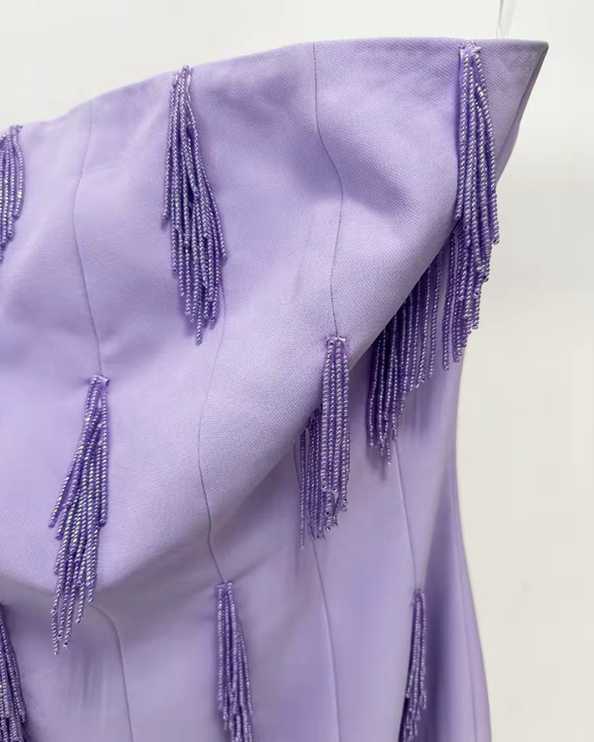 Lilac strapless evening dress with beaded detailing