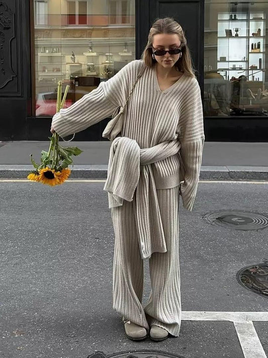 ribbed 3-piece set with top, wide-leg pants & cardigan