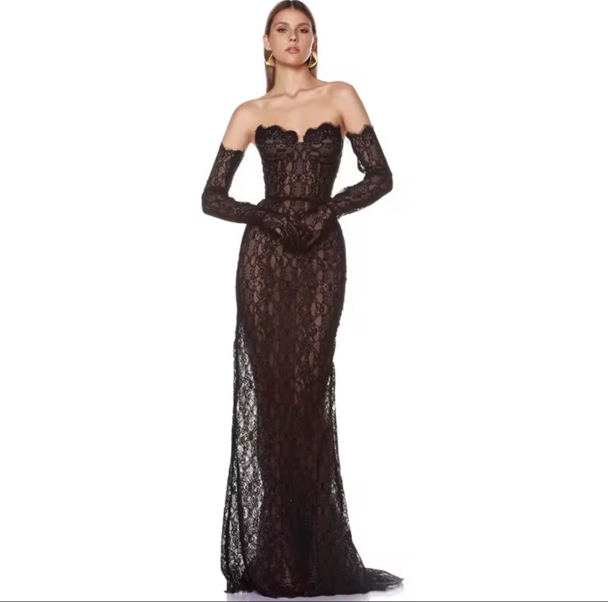Elegant Strapless Lace Evening Dress with Matching Long Gloves