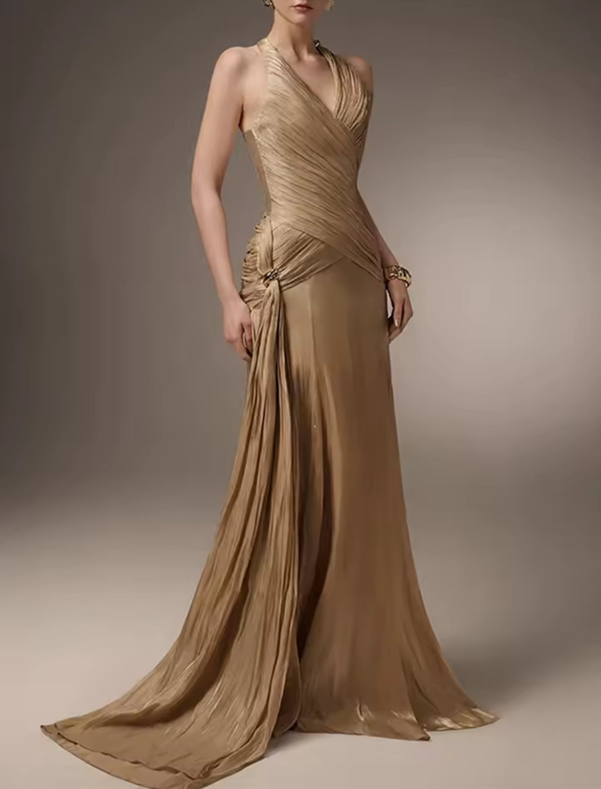 Shimmering metallic maxi dress with cross-halter neckline