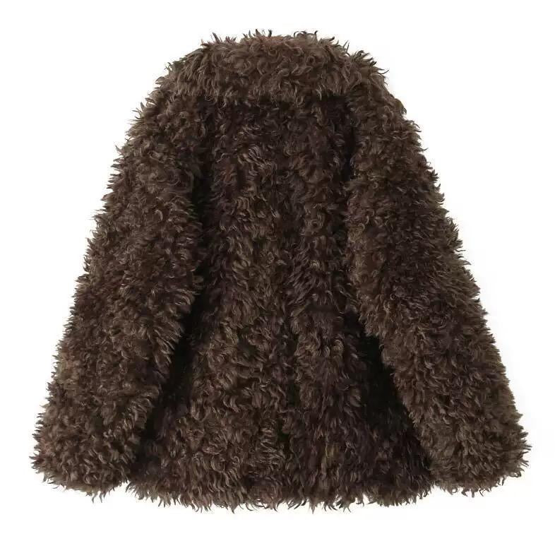 Brown Curly Faux Fur Coat with Lapel Collar