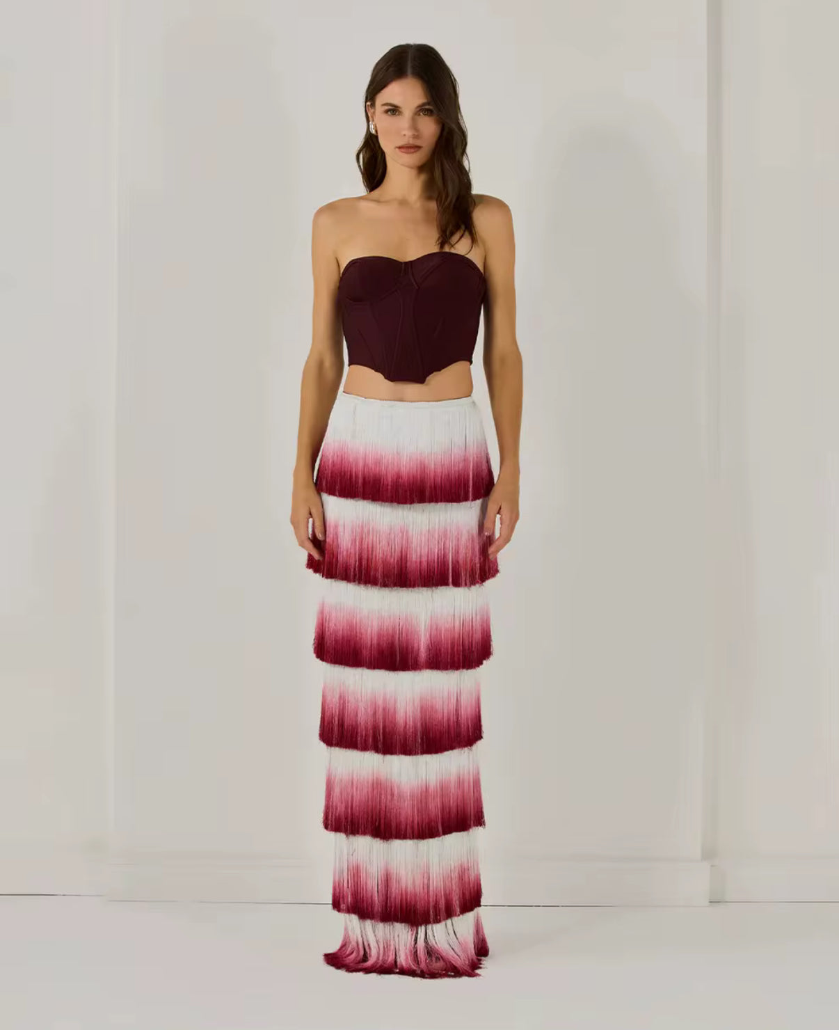 Burgundy Corset Top & Ombre Fringe Maxi Skirt Set