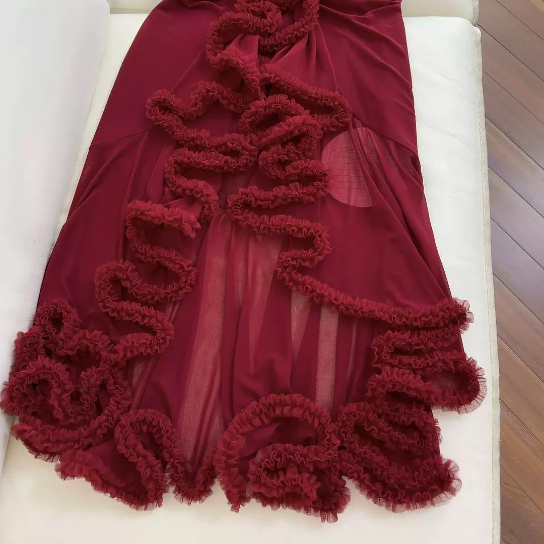 fitted mesh maxi dress with playful cascading ruffles