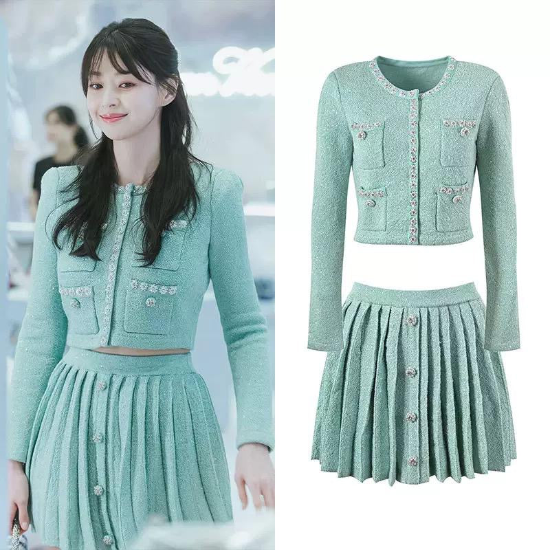 Mint Crystal-Trim Tweed Skirt Set