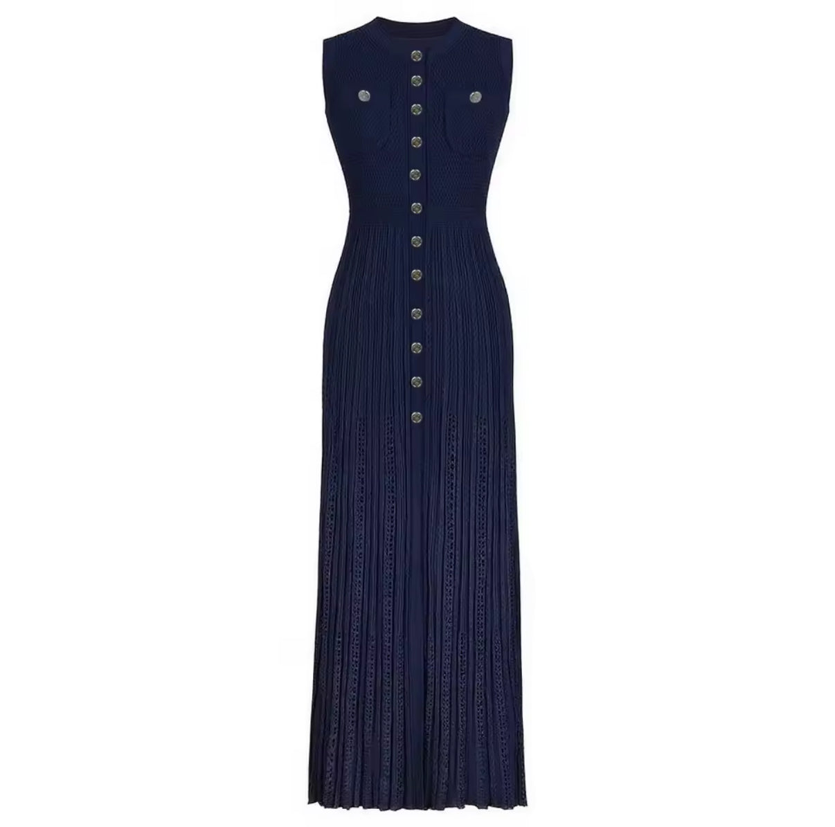 Longline Dress with Intricate Lace Panels and Decorative Buttons