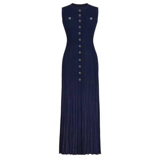 Longline Dress with Intricate Lace Panels and Decorative Buttons