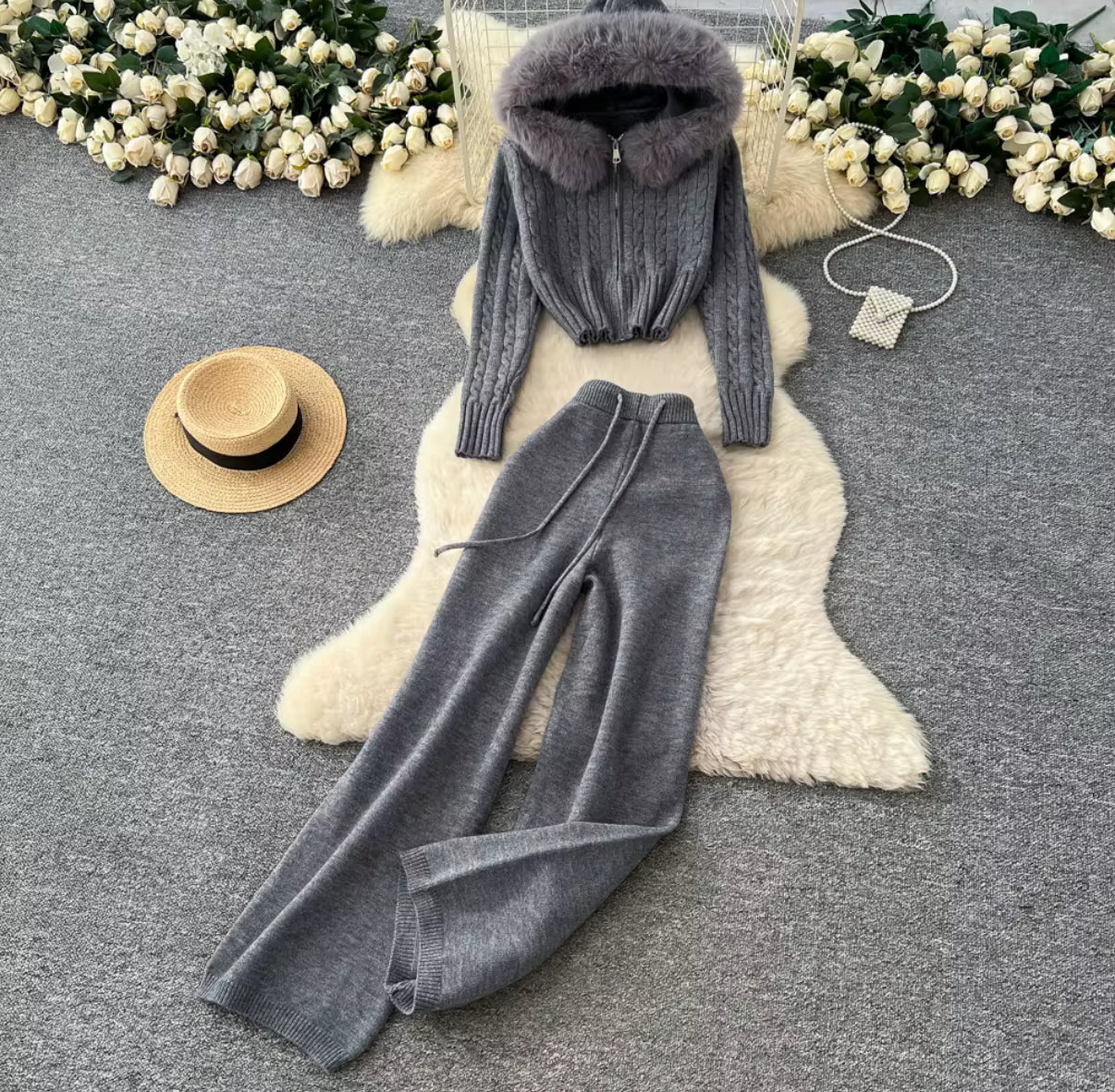 Frost Luxe Fur-Hood Knit Set – Yabaya Boutique