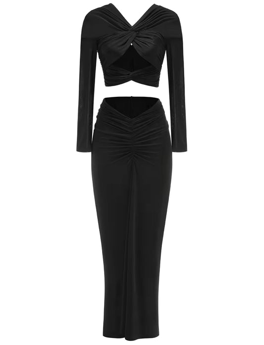 long sleeve maxi dress with twisted front & ruched detail