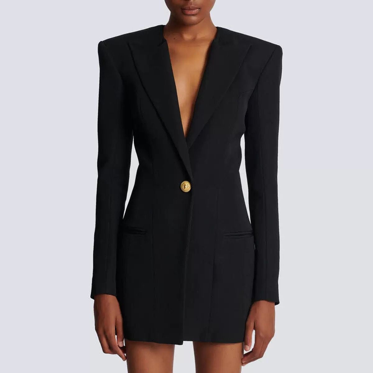 Tailored Blazer Dress with Sharp Shoulders and Single Gold Button