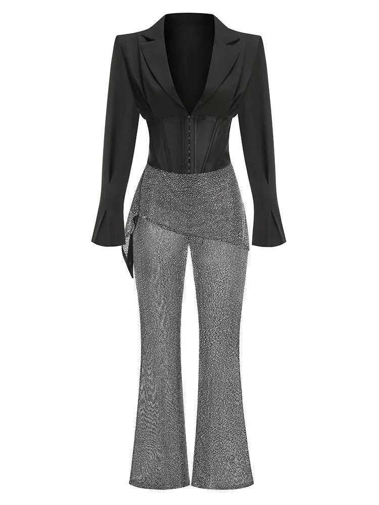 Sparkling high-waist sequin trousers with cropped jacket